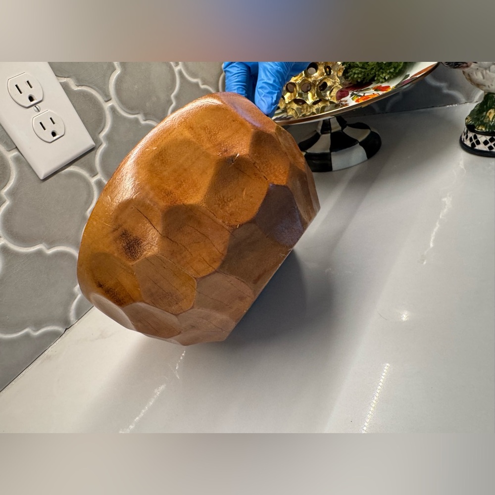 Vintage Hand-Carved Teardrop Wood Bowl | Mid Century Modern Faceted Boho Decor - Picture 4 of 7
